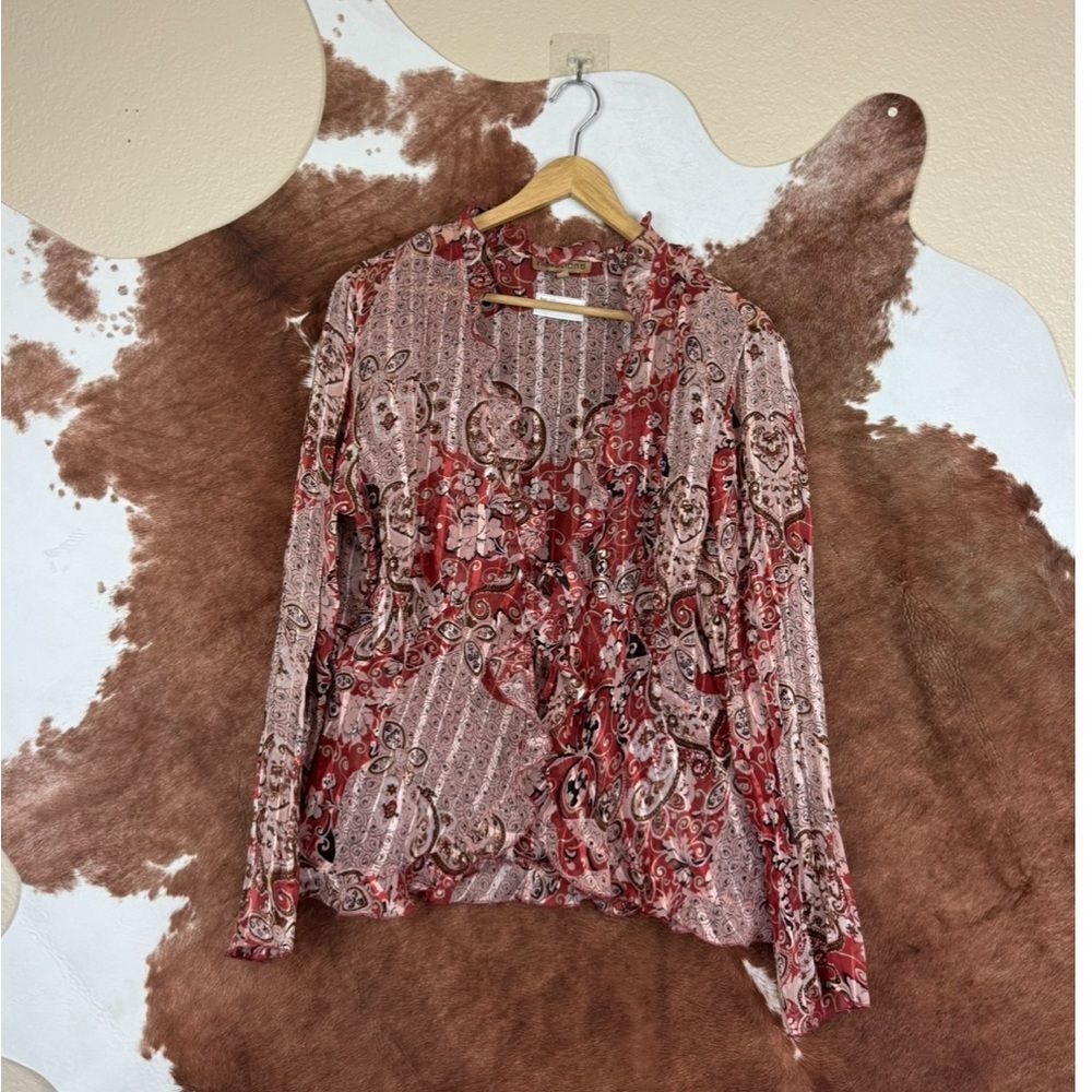 Notations Red and Cream Paisley Long-Sleeve Blouse